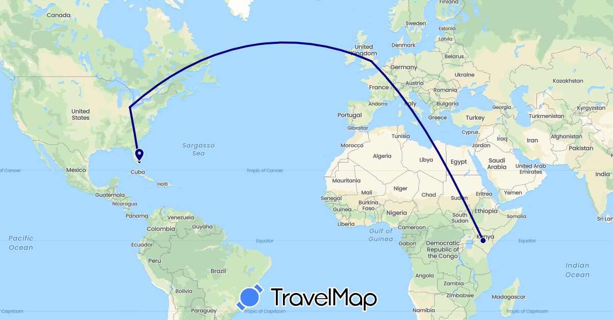 TravelMap itinerary: driving in United Kingdom, Kenya, United States (Africa, Europe, North America)